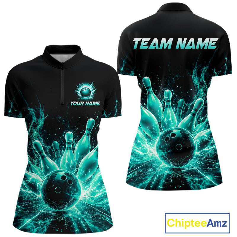 Teal Flames Bowling Ball and Pins women's quarter zip bowling shirt personalized bowling jersey