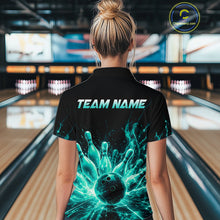Load image into Gallery viewer, Female bowler wearing Teal Flames Bowling Ball and Pins bowling shirt during bowling league play