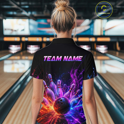 Female bowler wearing Colorful Flames Bowling Ball and Pins bowling jersey during tournament bowling event