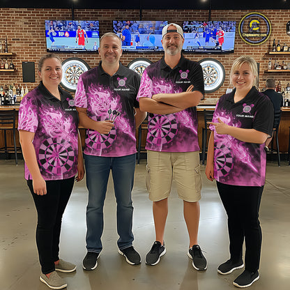 Custom Smoke Pink Fire Flaming Dart Arrow Women Darts Polo League Shirts Dart Team Jerseys NYN2213