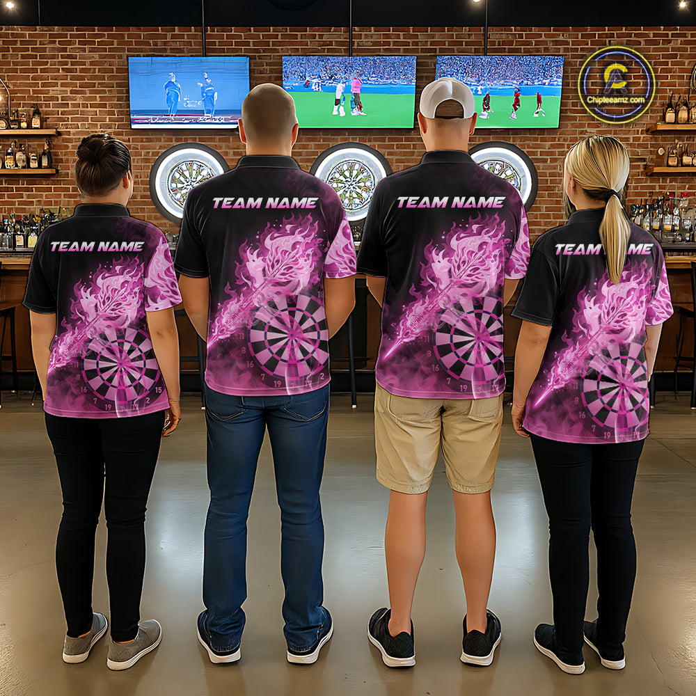 Custom Smoke Pink Fire Flaming Dart Arrow Women Darts Polo League Shirts Dart Team Jerseys NYN2213