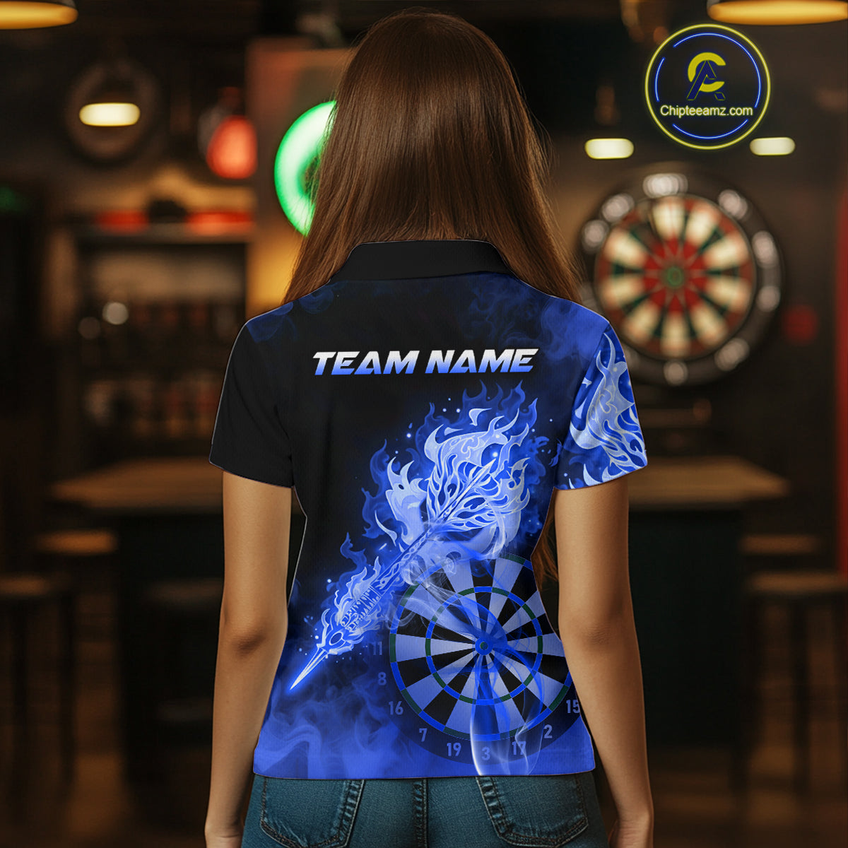 Custom Smoke Blue Fire Flaming Dart Arrow Women Darts Polo League Shirts Dart Team Jerseys NYN2215