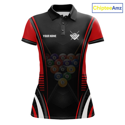 Black & Red Billiard Polo featuring personalized pool team name, custom 8 Ball & 9 Ball jersey, moisture-wicking performance fabric, pool league apparel, cue sports uniform, championship sportswear, athletic lifestyle clothing, Father's Day gift, custom billiard team shirt.