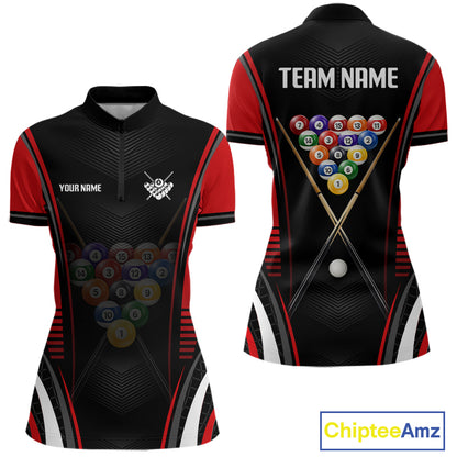 Black & Red Quarter-Zip Billiard Shirt featuring personalized team logo, quick-dry athletic fabric, custom pool tournament jersey, performance cue sports apparel, modern championship sportswear.