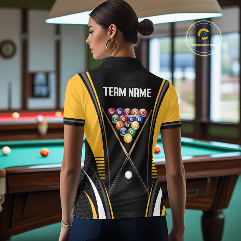 Female athlete modeling Black & Yellow billiard jersey symbolizing confidence, optimism, energy and competitive success.