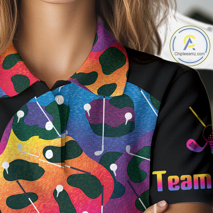 Women's model wearing oversized Colorful Rainbow Leopard Golf Polo Shirt, trendy golf apparel, colorful animal print sportswear, custom golf team clothing, golf lifestyle fashion, matching golf tournament outfit.