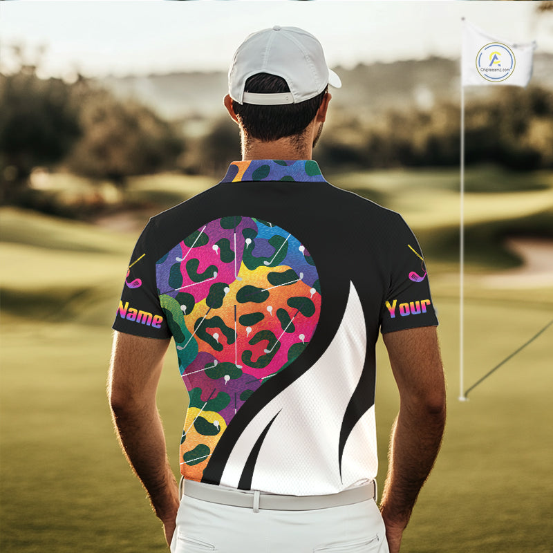 Men's model wearing Colorful Rainbow Leopard Golf Polo Shirt, personalized golf apparel, modern golf fashion, golf league uniform, performance polo, custom golf team shirt, animal print sportswear, golf enthusiast gift.