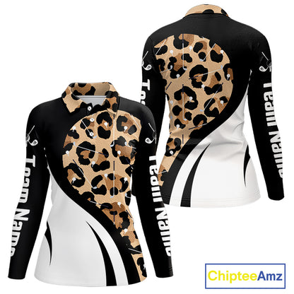 Brown Leopard Pattern Women's Golf Polo Shirt mockup featuring classic leopard print, personalized women's golf polo, custom golf team apparel, moisture-wicking performance golf shirt, safari-inspired golf clothing, golf outing outfit, stylish golf fashion for women.