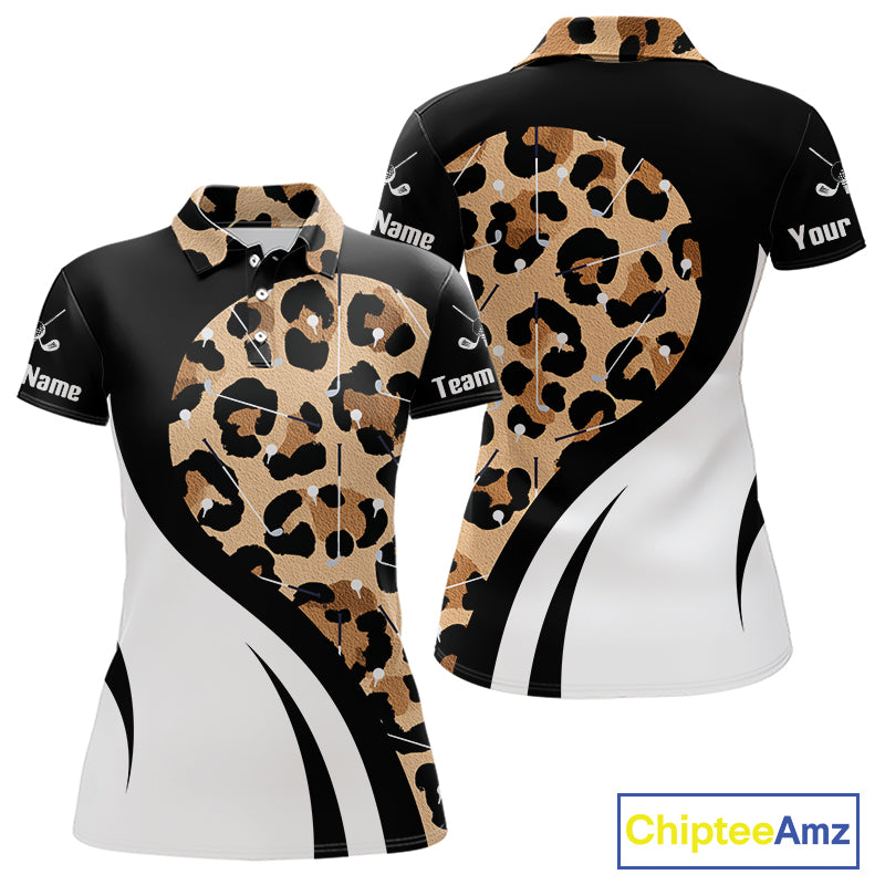 Brown Leopard Pattern Women's Golf Polo Shirt mockup featuring classic leopard print, personalized women's golf polo, custom golf team apparel, moisture-wicking performance golf shirt, safari-inspired golf clothing, golf outing outfit, stylish golf fashion for women.
