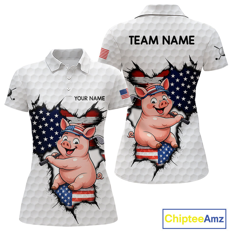 Personalized Funny Pig Women's Patriot Golf Polo Shirt mockup featuring pig mascot and American flag, custom women's golf apparel, patriotic golf clothing, performance golf polo, golf tournament outfit, Father's Day golf gift.