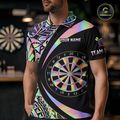 Black & Holographic Rainbow Tribal Dartboard Darts Polo Shirt For Men Custom Dart Team Jerseys NYN2522