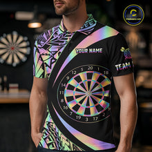 Load image into Gallery viewer, Black &amp; Holographic Rainbow Tribal Dartboard Darts Polo Shirt For Men Custom Dart Team Jerseys NYN2522