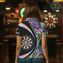 Load image into Gallery viewer, Black &amp; Holographic Rainbow Tribal Dartboard Darts Polo Shirt For Women Custom Dart Team Jerseys NYN2522