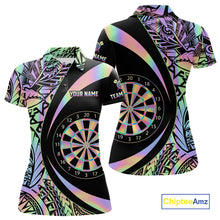 Load image into Gallery viewer, Black &amp; Holographic Rainbow Tribal Dartboard Darts Polo Shirt For Women Custom Dart Team Jerseys NYN2522