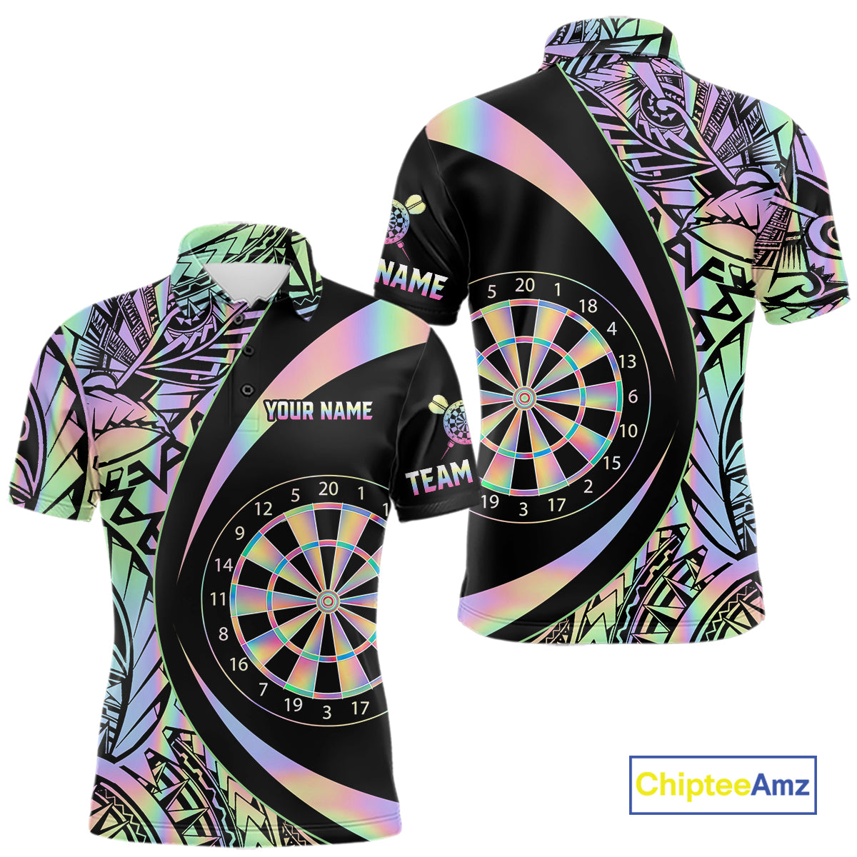 Black & Holographic Rainbow Tribal Dartboard Darts Polo Shirt For Men Custom Dart Team Jerseys NYN2522