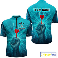 Load image into Gallery viewer, Men’s Custom Darts Shirt - Turquoise Lightning Fist With Maroon Dart Arrow NYN0316