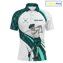 Load image into Gallery viewer, Custom Skeleton Golfer Golf Polo Shirts For Men Teal Argyle Pattern Golf Team Clothing NYN3265