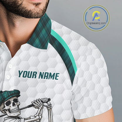 Custom Skeleton Golfer Golf Polo Shirts For Men Teal Argyle Pattern Golf Team Clothing NYN3265