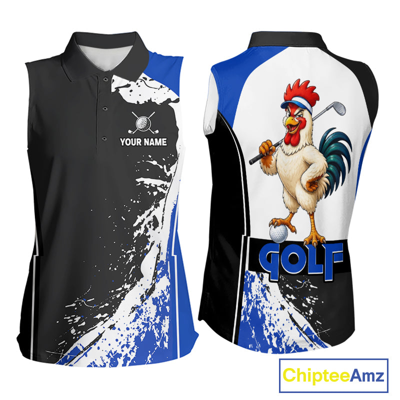 Funny Rooster Golfer Women's Sleeveless Golf Polo mockup featuring blue splatter rooster mascot, personalized golf apparel, custom golf team shirt, farmhouse golf clothing, country golf fashion, funny golf gift, performance sleeveless polo.