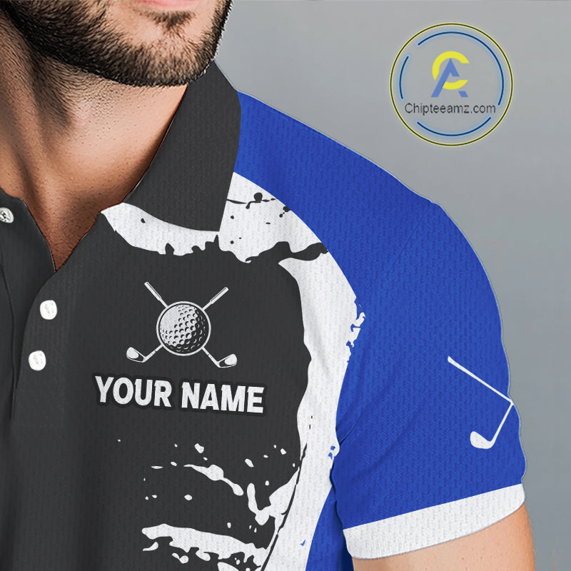 Men's model wearing Funny Raccoon Golf Polo Shirt, personalized golf clothing, woodland sportswear, custom golf team apparel, performance golf polo.