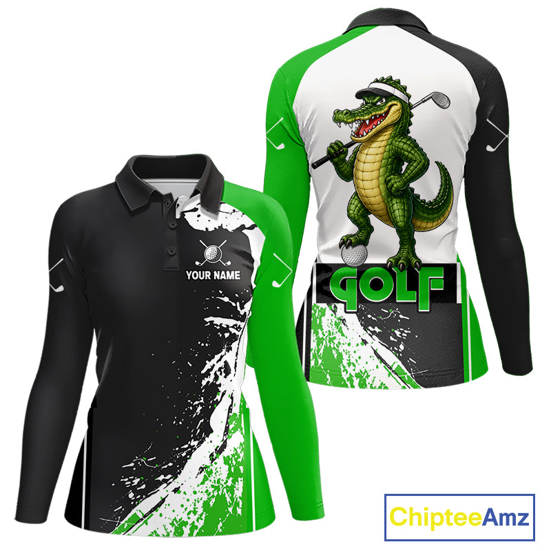 Funny Alligator Women's Golf Polo Shirt mockup with green splatter design, personalized golf polo, wildlife golf apparel, custom golf team clothing, breathable golf tournament shirt.