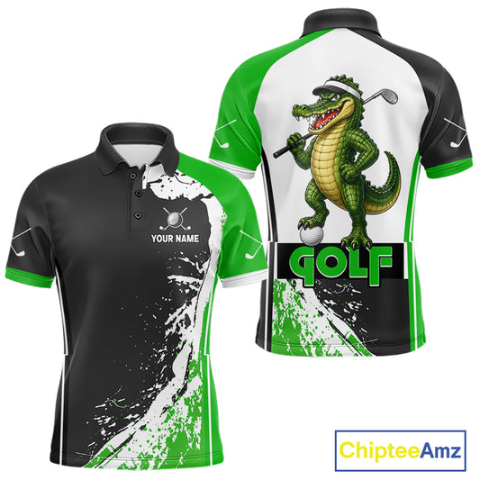 Funny Alligator Men's Golf Polo Shirt mockup featuring green splatter alligator design, personalized golf apparel, custom golf team polo, wildlife golf clothing.