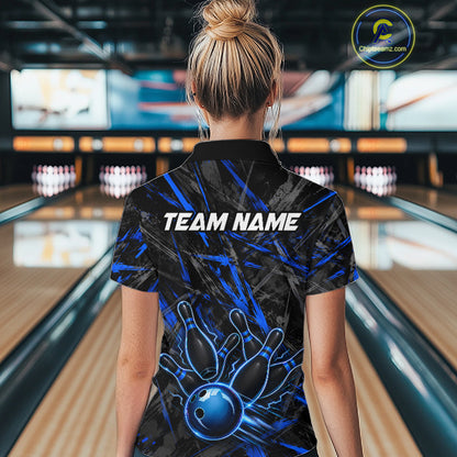 Black And Blue Strikes Grunge Bowling Polo & 1/4-Zip Shirt For Women Custom Thunder Bowling Team Jersey NYN3267