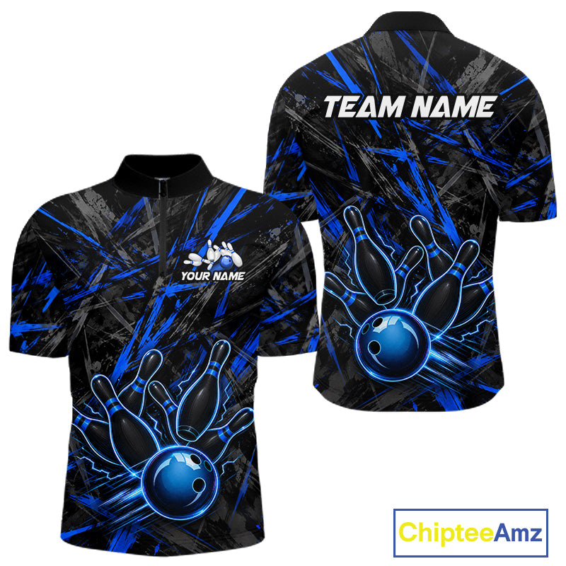 Black And Blue Strikes Grunge Bowling Polo & 1/4-Zip Shirt For Men Custom Thunder Bowling Team Jersey NYN3267