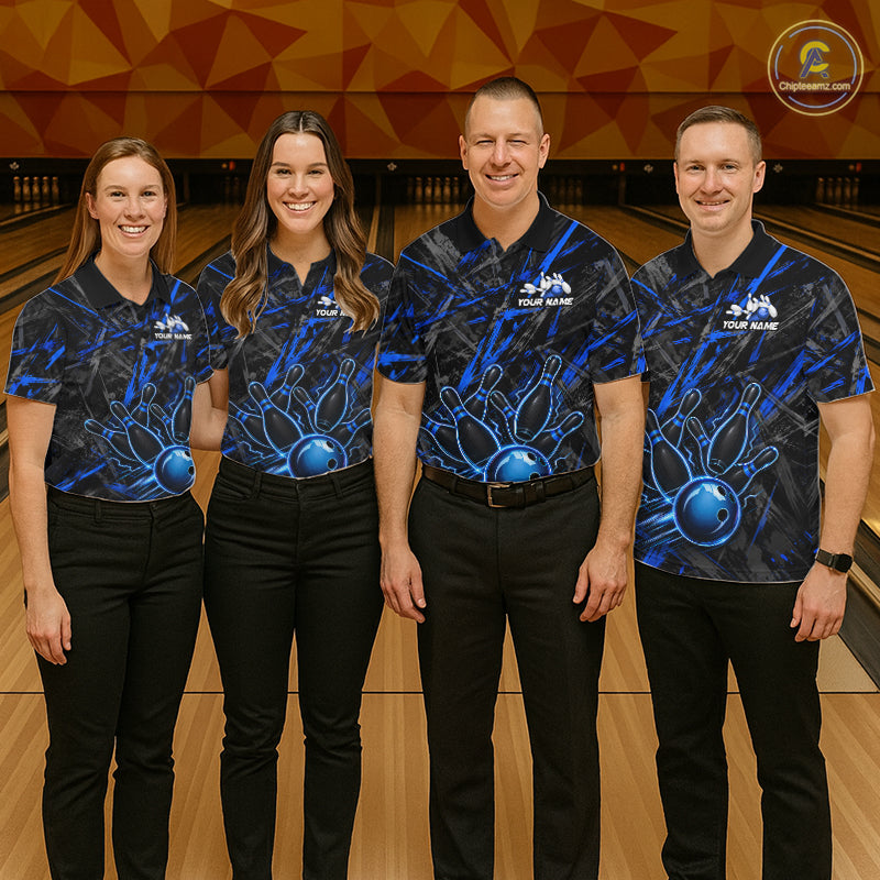 Black And Blue Strikes Grunge Bowling Polo & 1/4-Zip Shirt For Men Custom Thunder Bowling Team Jersey NYN3267