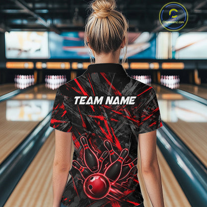 Black And Red Strikes Grunge Bowling Polo & 1/4-Zip Shirt For Women Custom Thunder Bowling Team Jersey NYN3268
