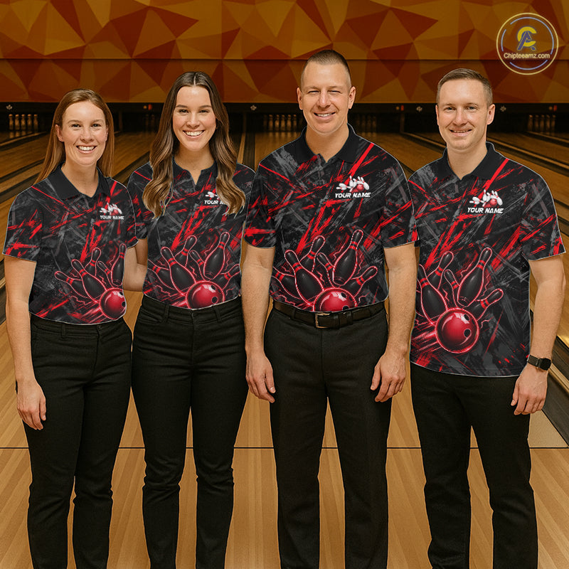 Black And Red Strikes Grunge Bowling Polo & 1/4-Zip Shirt For Men Custom Thunder Bowling Team Jersey NYN3268
