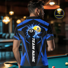 Load image into Gallery viewer, Male billiard player wearing Custom 8 Ball &amp; 9 Ball thunder billiard jersey, blue pool team shirt, professional billiards apparel