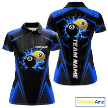 Load image into Gallery viewer, Custom 8 Ball &amp; 9 Ball women billiard polo shirt, personalized thunder billiard team jersey, blue pool league shirt, custom pool player apparel, professional billiard uniform