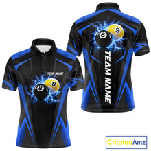 Load image into Gallery viewer, Custom 8 Ball &amp; 9 Ball men's billiard polo shirt, personalized thunder billiard team jersey, blue pool league shirt, custom pool player apparel, professional billiard uniform