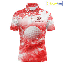 Load image into Gallery viewer, Red men's golf polo shirt with water splash golf ball design, custom golf team shirt, men's golf apparel, tournament golf clothing