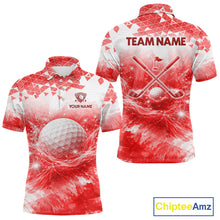 Load image into Gallery viewer, Red men's golf polo shirt with water splash golf ball design, custom golf team shirt, men's golf apparel, tournament golf clothing