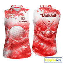 Load image into Gallery viewer, Red women's golf polo shirt with water splash golf ball design, custom golf team shirt, ladies golf apparel, tournament golf clothing
