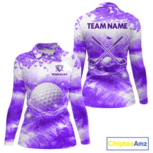 Load image into Gallery viewer, Purple women's golf polo shirt with water splash golf ball pattern, ladies golf apparel, custom golf team clothing