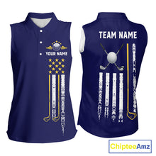 Load image into Gallery viewer, Women's grunge US flag golf polo shirt, yellow and blue patriotic golf apparel, golf team uniform, American flag golf shirt