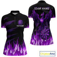 Load image into Gallery viewer, Women's Custom Darts Team Shirt With Purple Phoenix Dartboard And Flame Pattern NYN0341