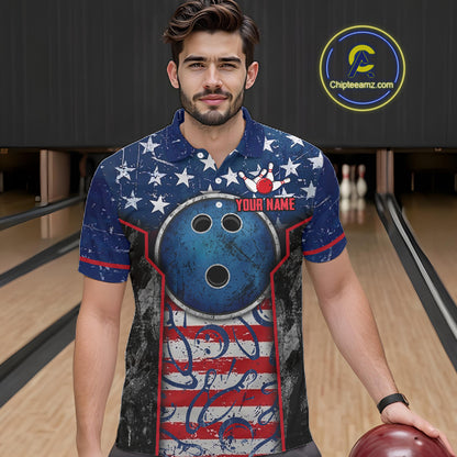 Grunge American Flag Bowling Polo & 1/4 Zip Shirts For Men Custom Patriotic Team Bowling Jerseys NYN3128