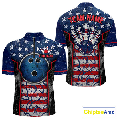 Grunge American Flag Bowling Polo & 1/4 Zip Shirts For Men Custom Patriotic Team Bowling Jerseys NYN3128