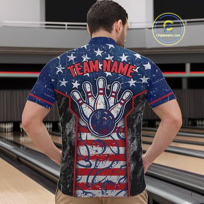 Grunge American Flag Bowling Polo & 1/4 Zip Shirts For Men Custom Patriotic Team Bowling Jerseys NYN3128