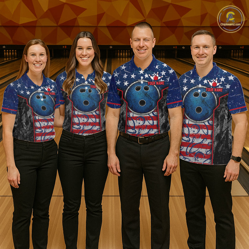 Grunge American Flag Bowling Polo & 1/4 Zip Shirts For Men Custom Patriotic Team Bowling Jerseys NYN3128
