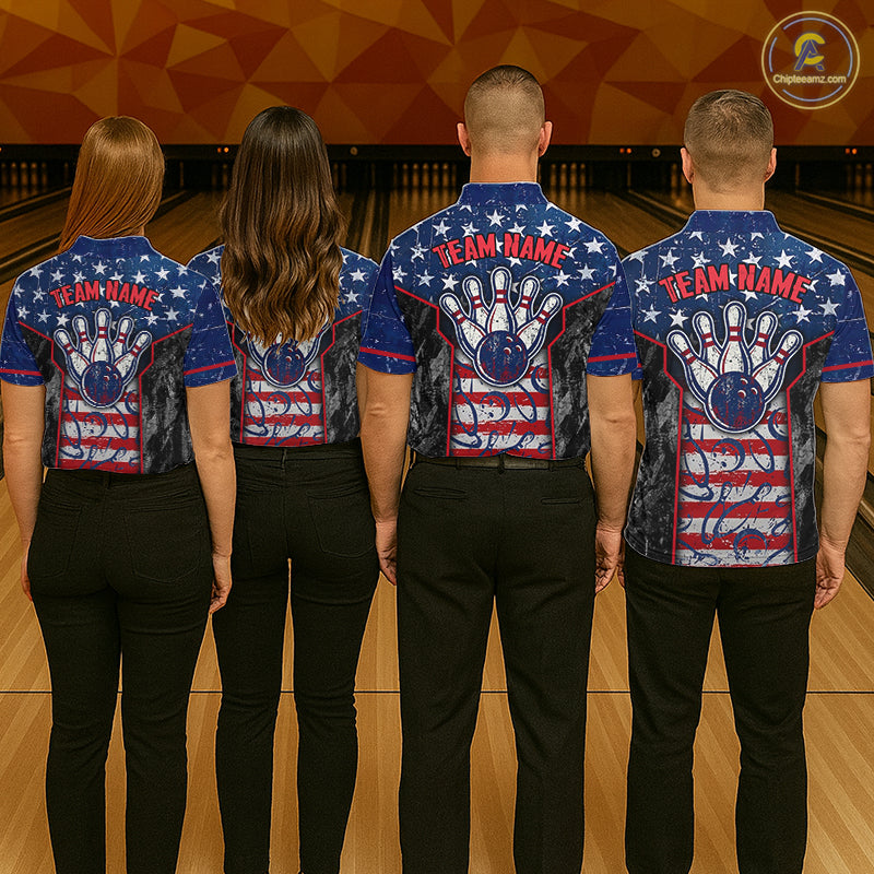 Grunge American Flag Bowling Polo & 1/4 Zip Shirts For Men Custom Patriotic Team Bowling Jerseys NYN3128