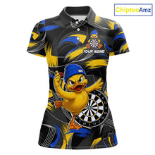 Load image into Gallery viewer, Blue and yellow brush funny duck women's darts polo shirt, custom dart team uniform, personalized dart name jersey, funny dart apparel, novelty darts clothing
