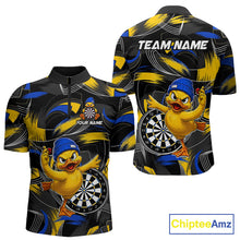 Load image into Gallery viewer, Blue and yellow brush funny duck men's quarter-zip dart shirt, custom darts team jersey, personalized dart player apparel
