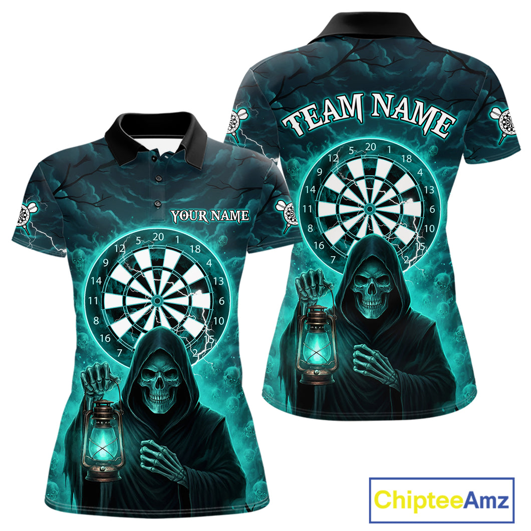 Teal Neon Grim Reaper Lightning Skull Darts League Shirt Custom Skull Women Darts Jersey NYN2036