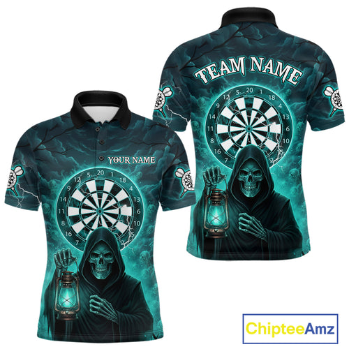 Teal Neon Grim Reaper Lightning Skull Darts League Shirt Custom Skull Men Darts Jersey NYN2036