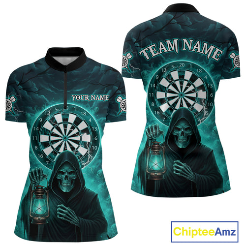 Teal Neon Grim Reaper Lightning Skull Darts League Shirt Custom Skull Women 1/4-Zip Darts Jersey NYN2036